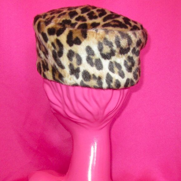 1950s vintage leopard pillbox hat jackie o 1960s pin up faux fur - Picture 2 of 4